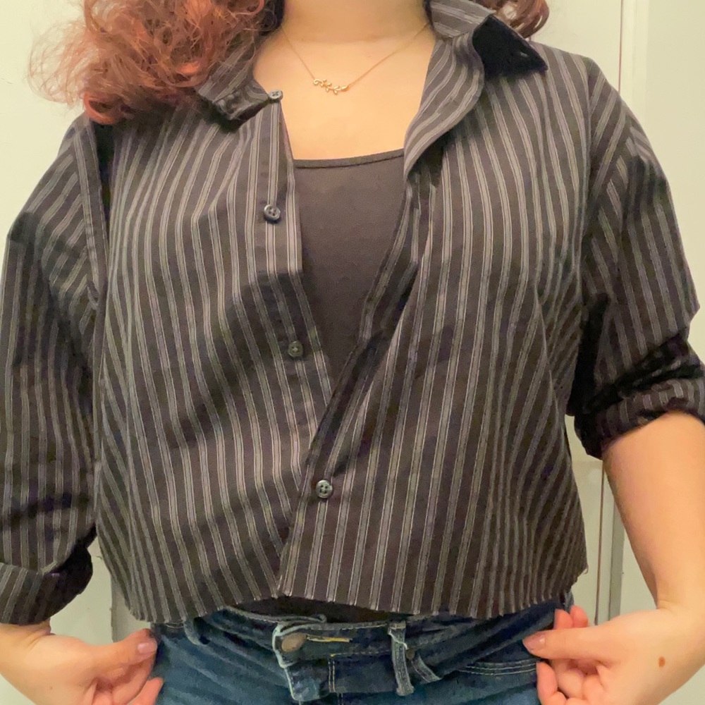 Black and gray striped cropped button up dress shirt